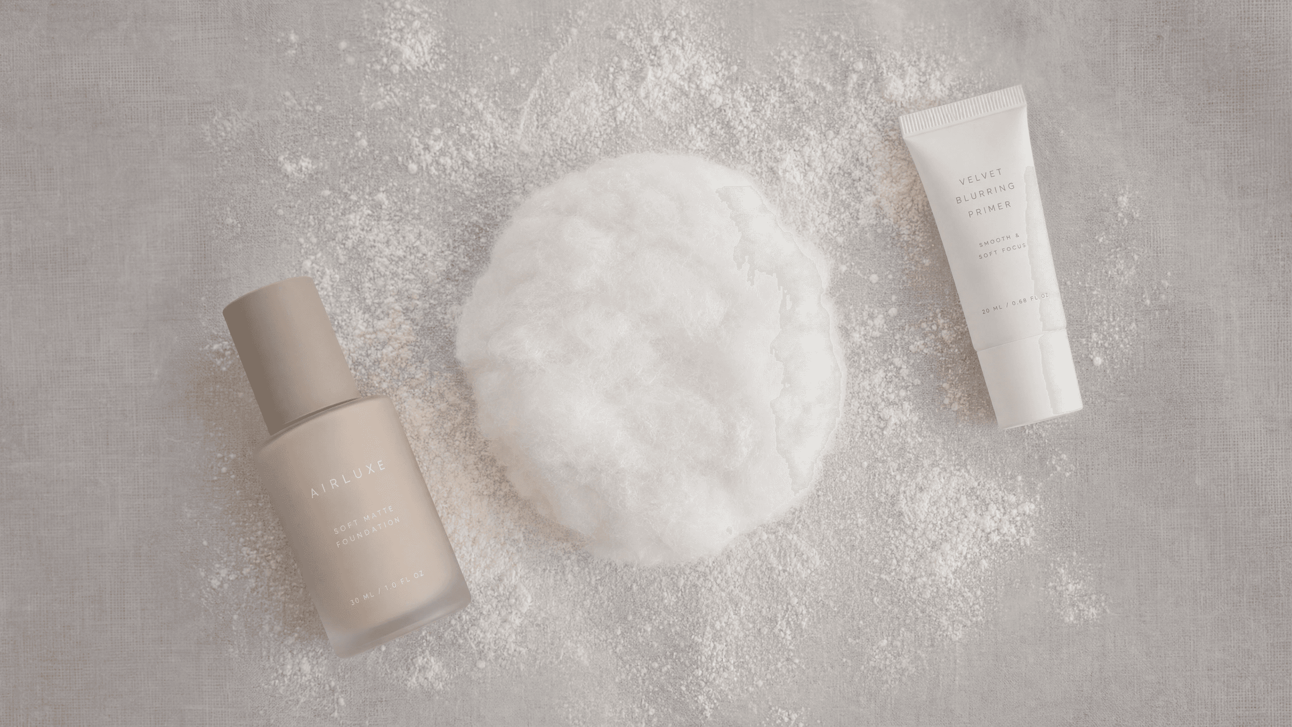 A woman with soft, velvety cloud skin complexion next to three minimalist skincare products on a white marble surface
