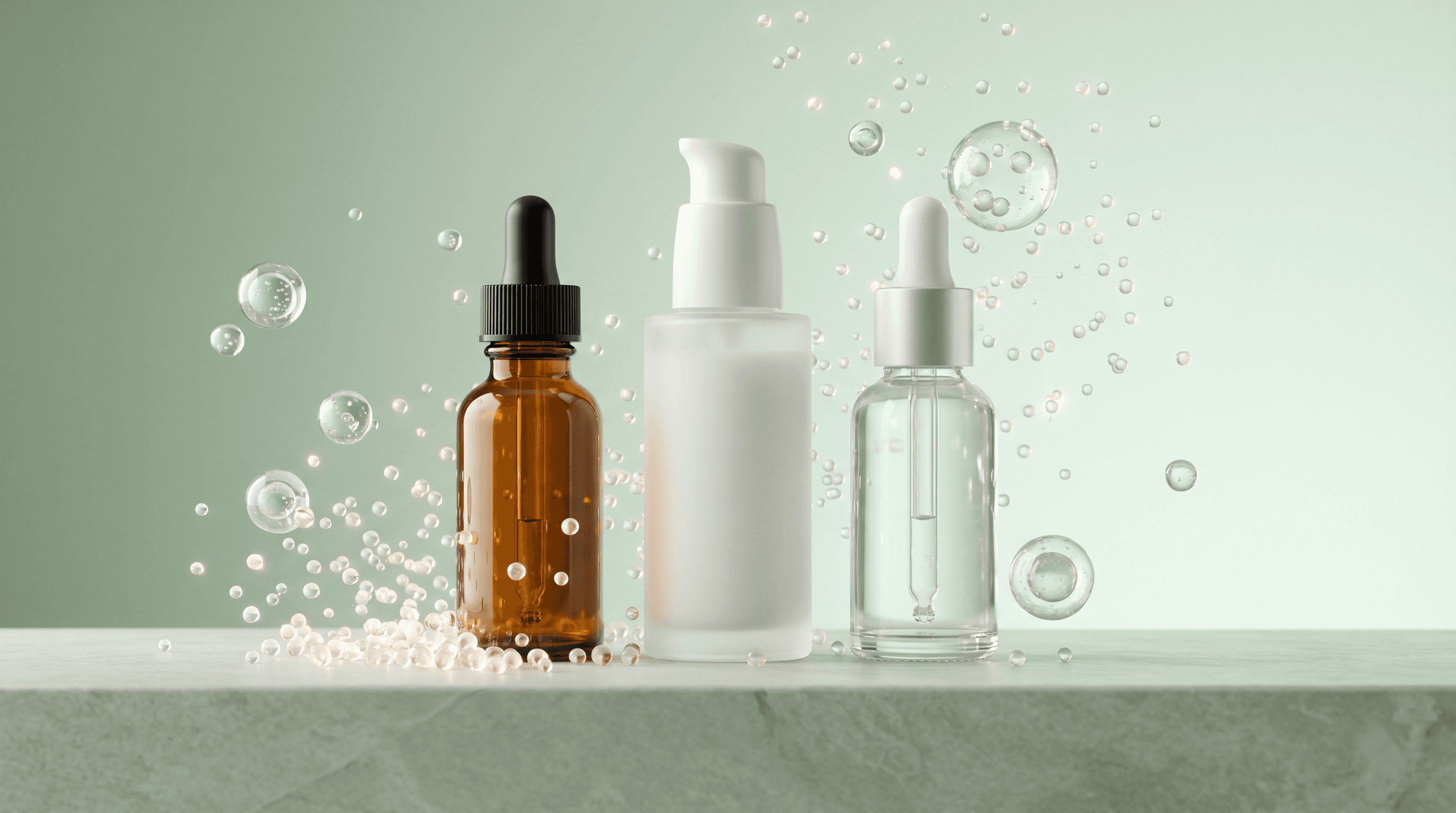 A woman with calm, balanced, luminous skin resting beside a gentle cleanser, probiotic serum, and moisturiser on a marble surface