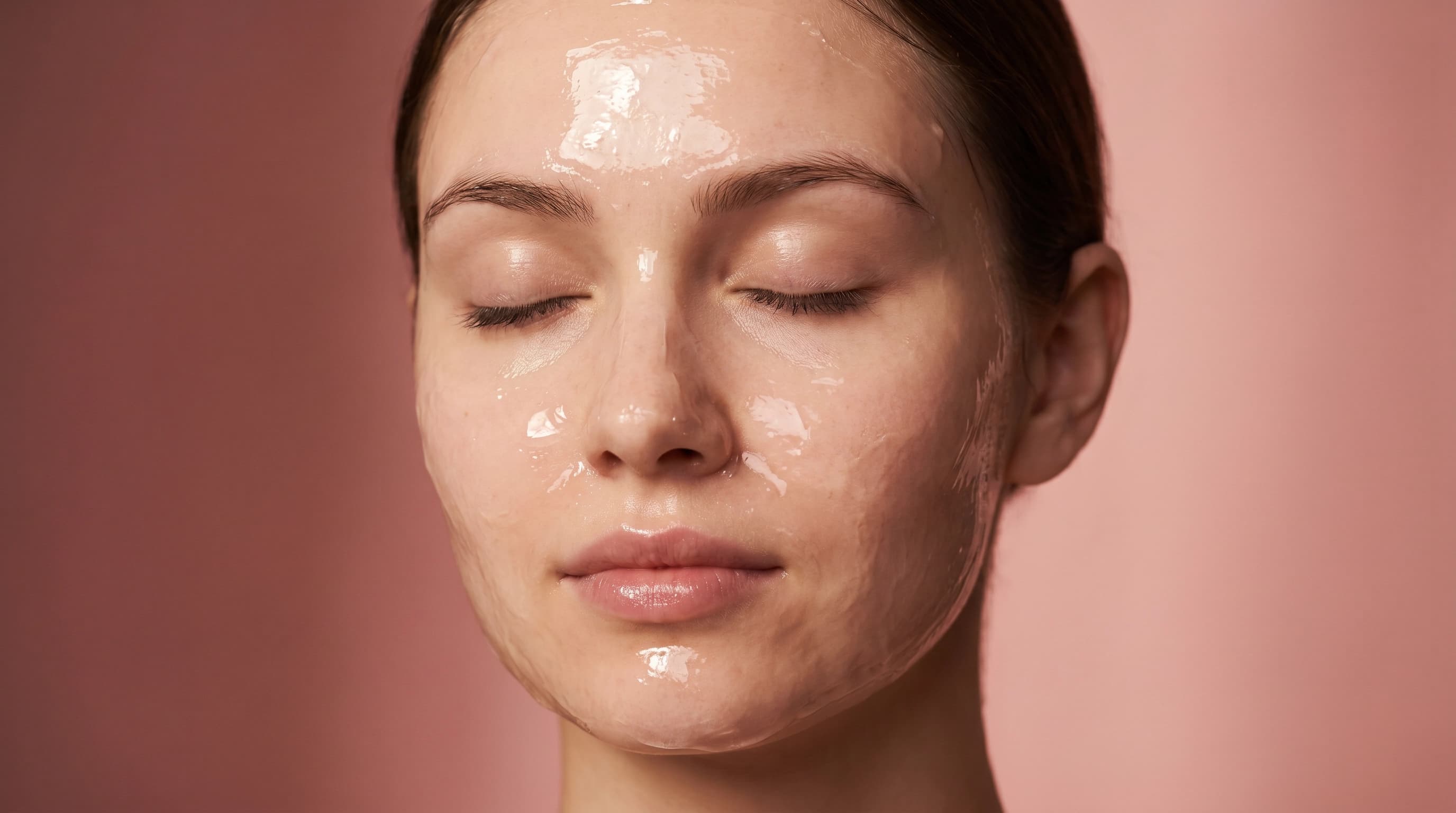 A young woman with glowing, deeply hydrated skin applying an overnight sleeping mask before bed, warm lighting, cosy winter aesthetic